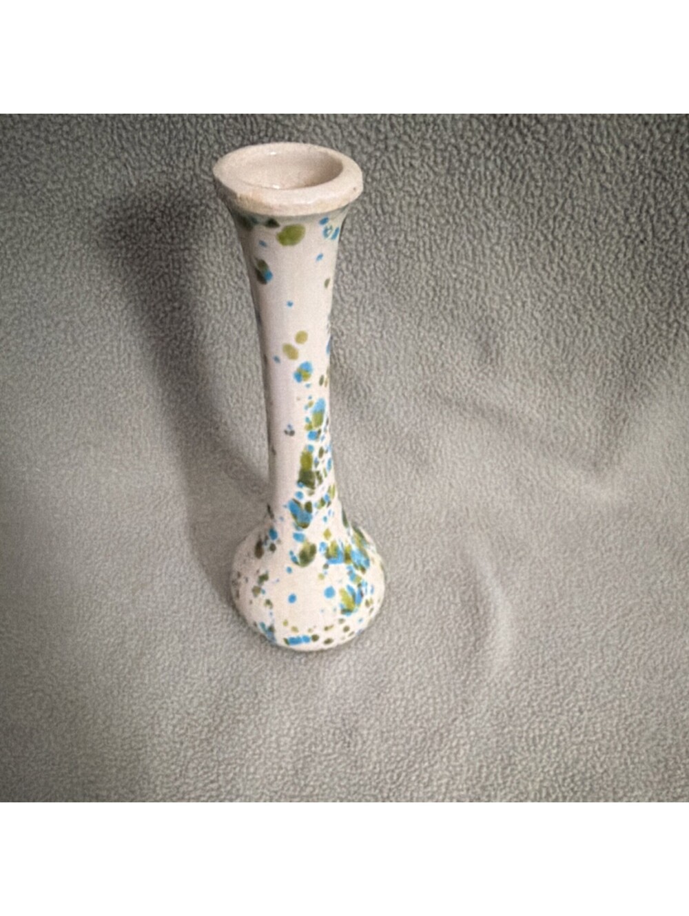 White Ceramic Bud Vase with Blue & Green Splatter Pattern, White Blue Green
